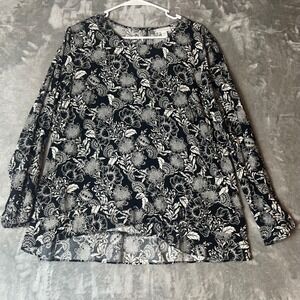 J Jill Petite Black White Floral Print Long Sleeve Tunic Top blouse Size L